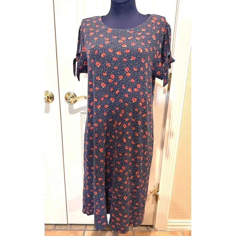 Lauren Conrad T-shirt Dress Women's Size Medium Red Poppies White Polkadots